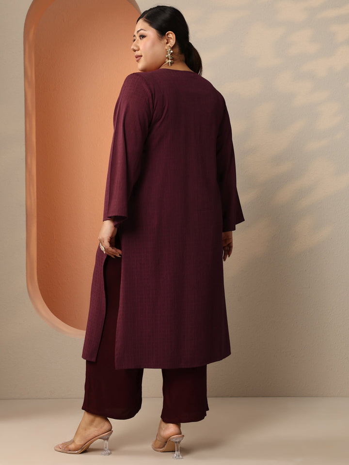 Plus Size Maroon Embellished Rayon Straight Kurta