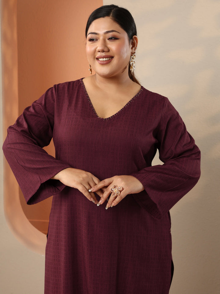 Plus Size Maroon Embellished Rayon Straight Kurta