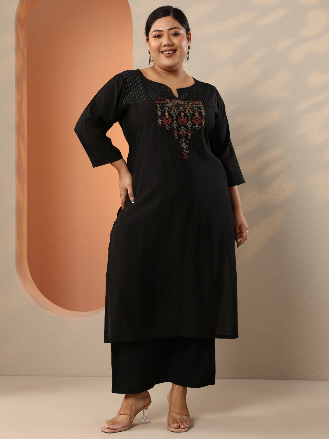 Plus Size Black Embroidered Silk Blend Straight Kurta