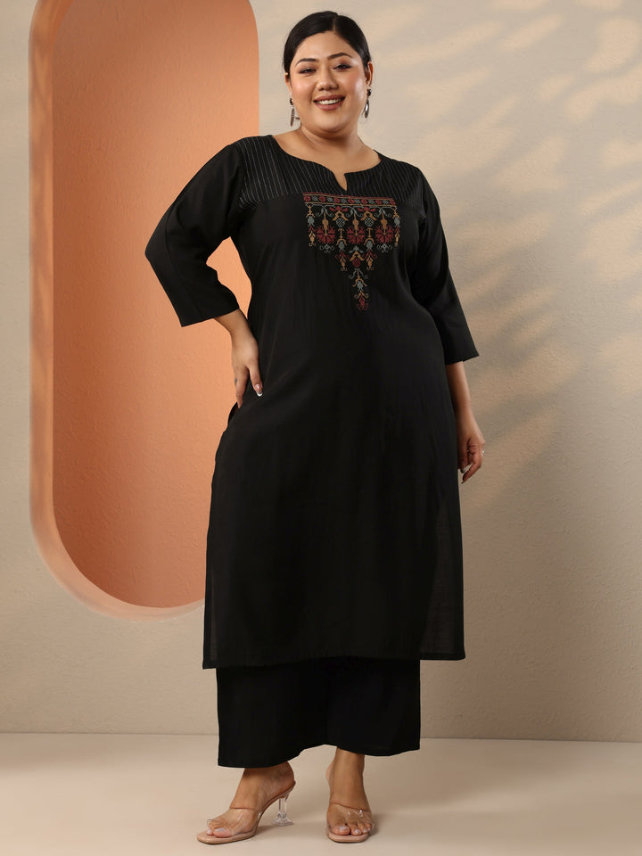 Plus Size Black Embroidered Silk Blend Straight Kurta