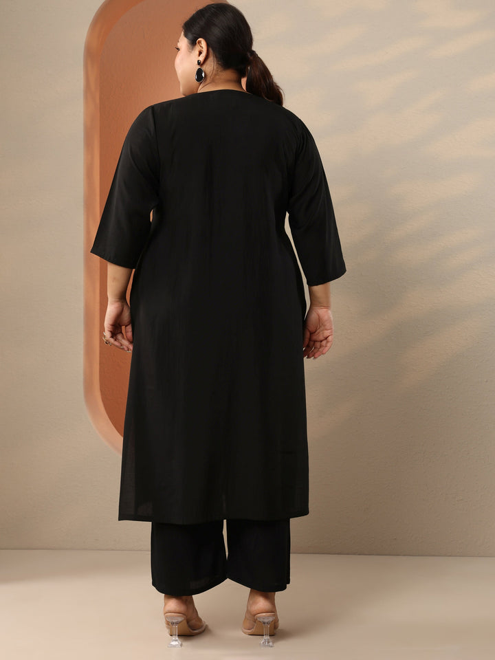 Plus Size Black Embroidered Silk Blend Straight Kurta