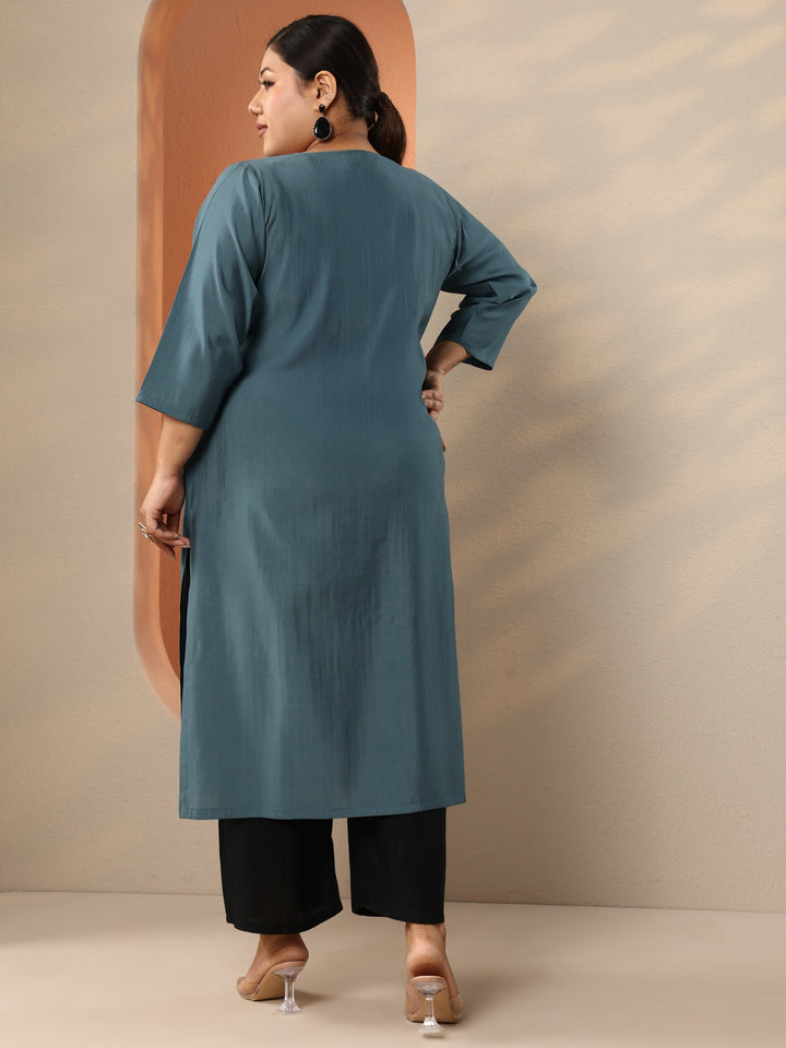 Plus Size Blue Embroidered Silk Blend Straight Kurta