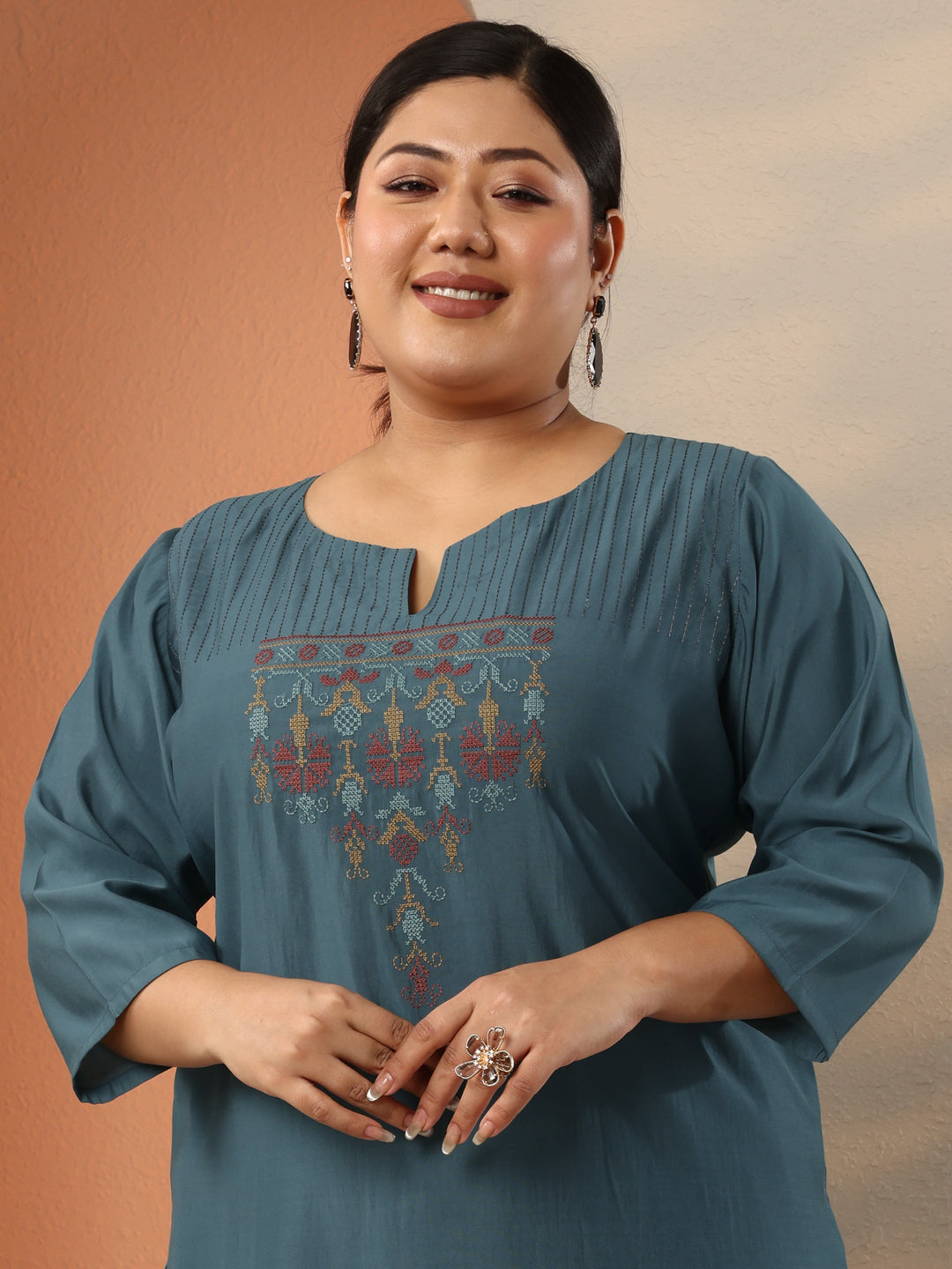 Plus Size Blue Embroidered Silk Blend Straight Kurta