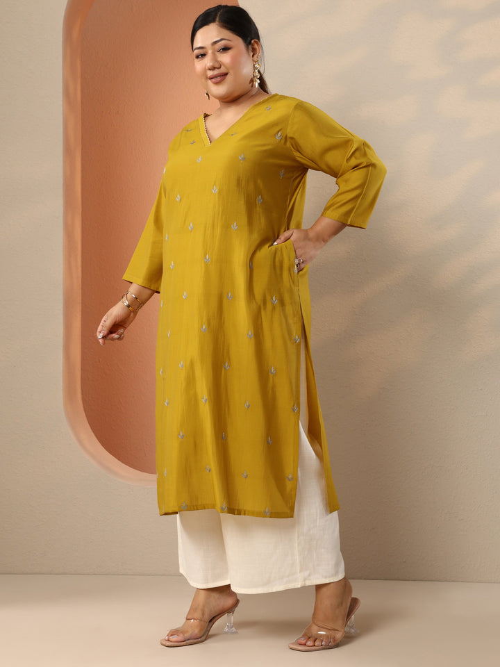Plus Size Yellow Embroidered Silk Blend Straight Kurta