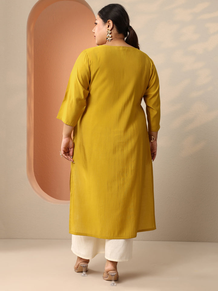 Plus Size Yellow Embroidered Silk Blend Straight Kurta