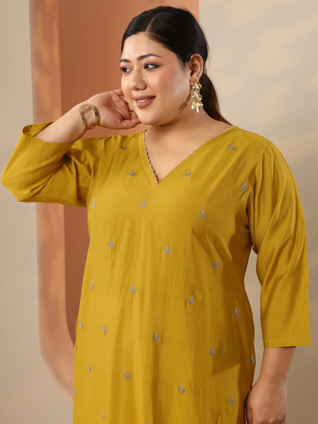 Plus Size Yellow Embroidered Silk Blend Straight Kurta