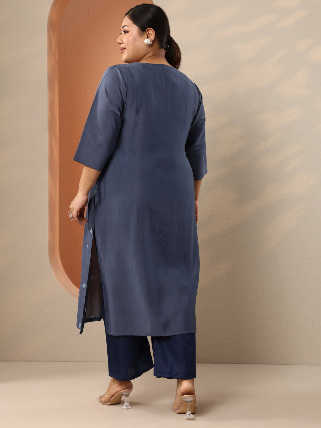Plus Size Grey Embroidered Silk Blend Straight Kurta