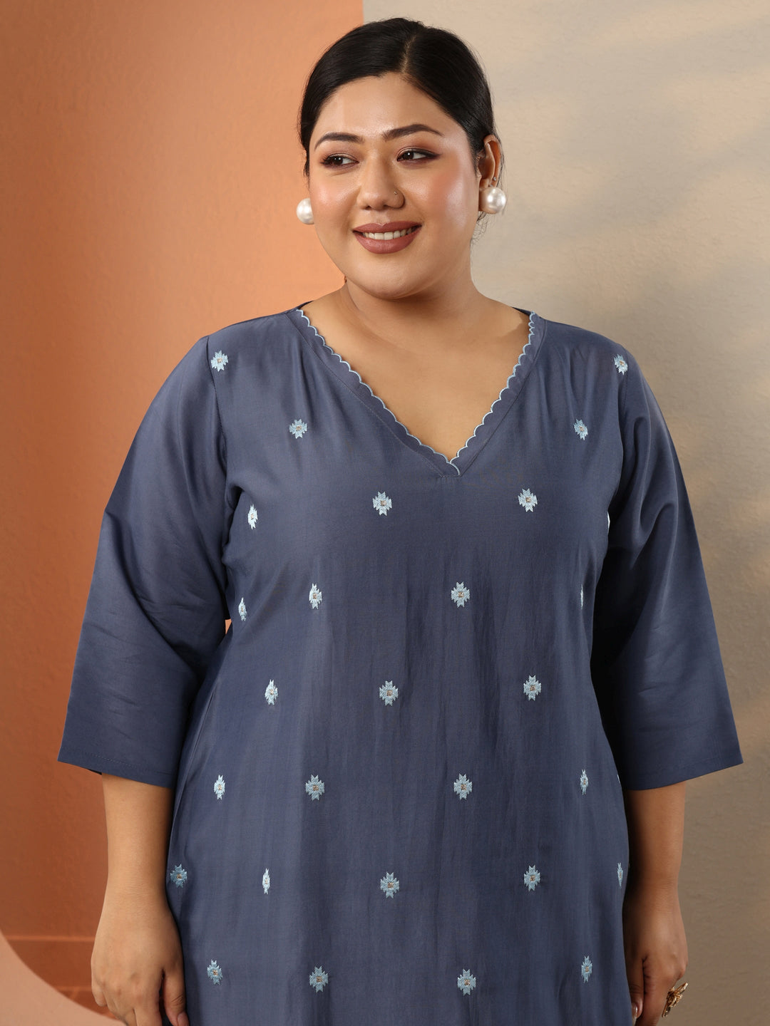 Plus Size Grey Embroidered Silk Blend Straight Kurta