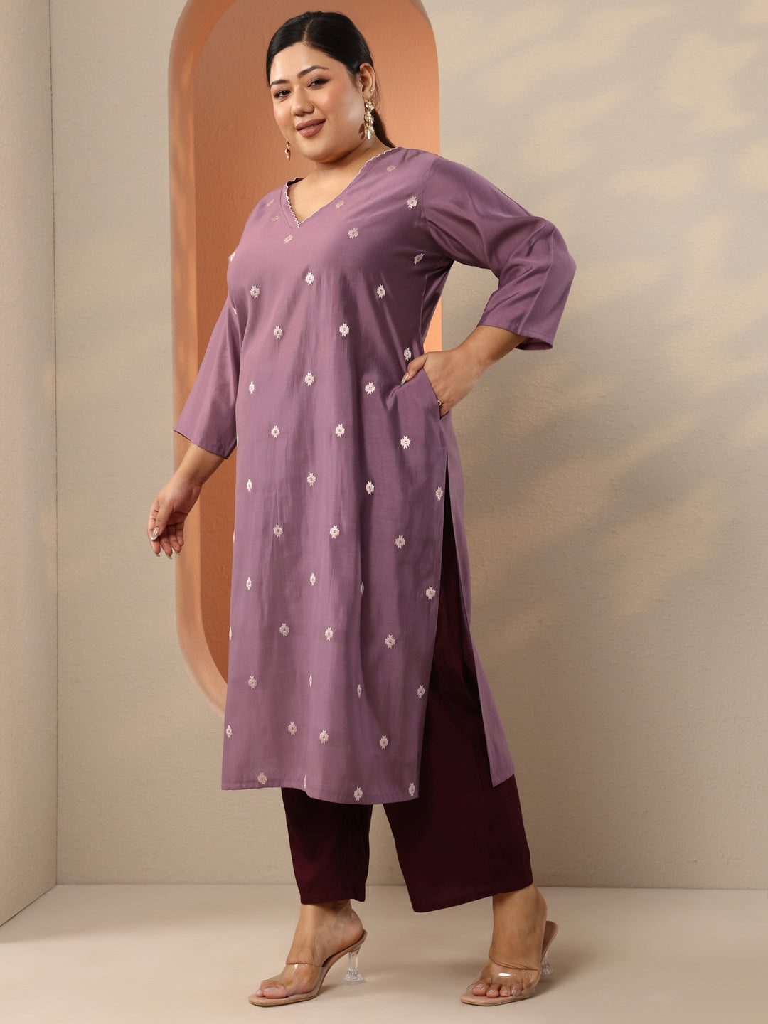 Plus Size Mauve Embroidered Silk Blend Straight Kurta