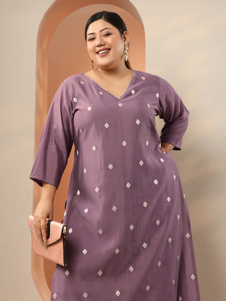 Plus Size Mauve Embroidered Silk Blend Straight Kurta