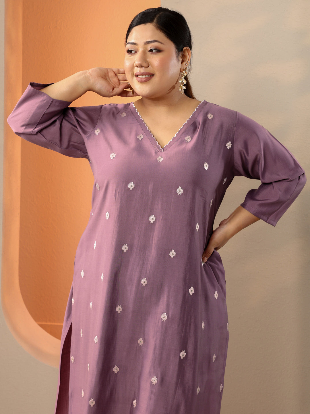 Plus Size Mauve Embroidered Silk Blend Straight Kurta