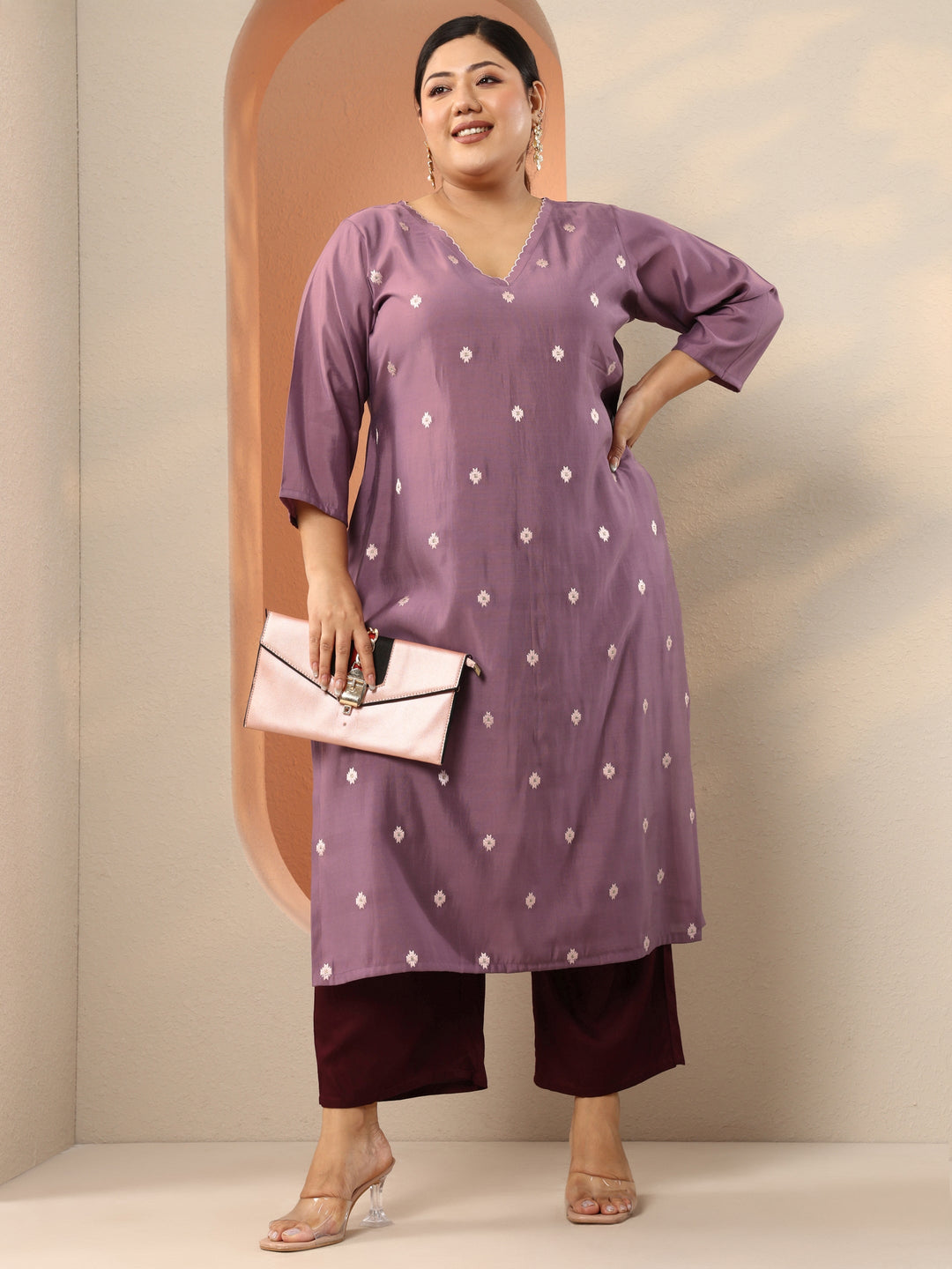Plus Size Mauve Embroidered Silk Blend Straight Kurta