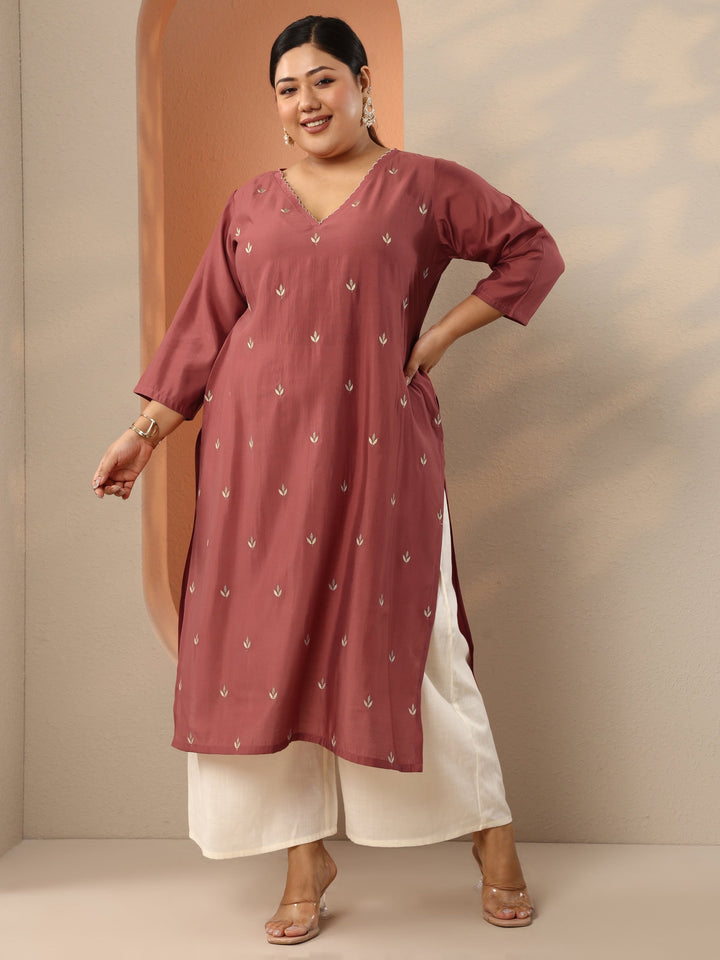 Plus Size Rust Embroidered Silk Blend Straight Kurta