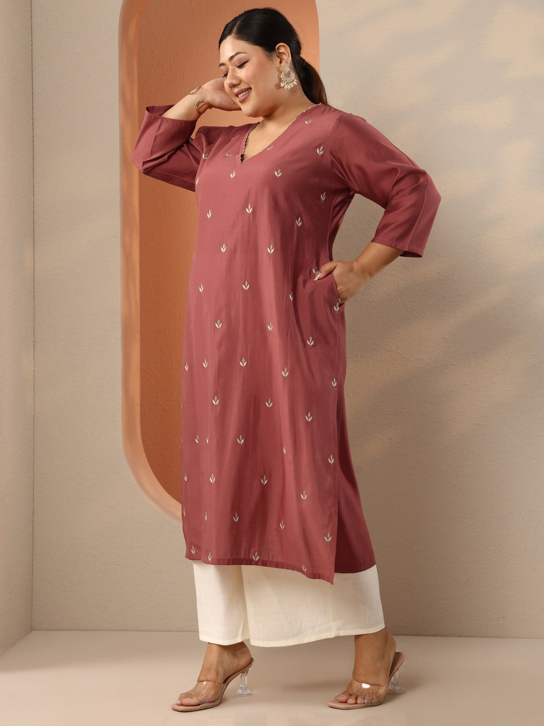Plus Size Rust Embroidered Silk Blend Straight Kurta