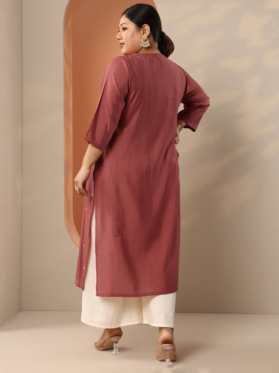 Plus Size Rust Embroidered Silk Blend Straight Kurta