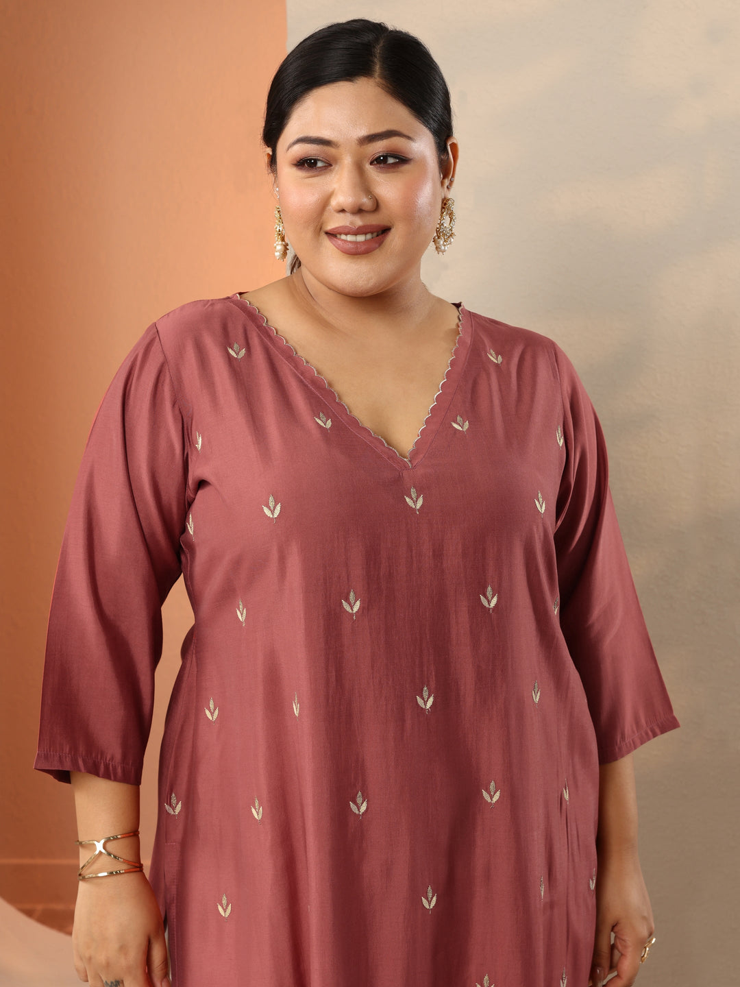 Plus Size Rust Embroidered Silk Blend Straight Kurta