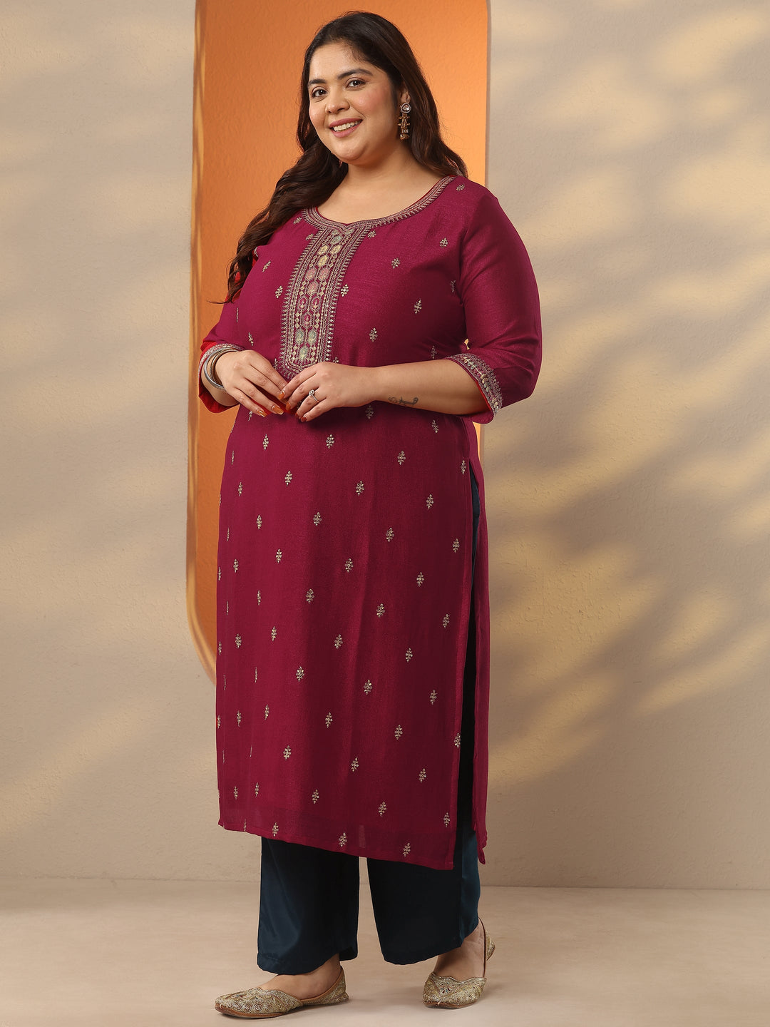 Plus Size Pink Embroidered Silk Blend Straight Kurta
