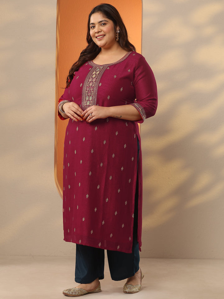 Plus Size Pink Embroidered Silk Blend Straight Kurta