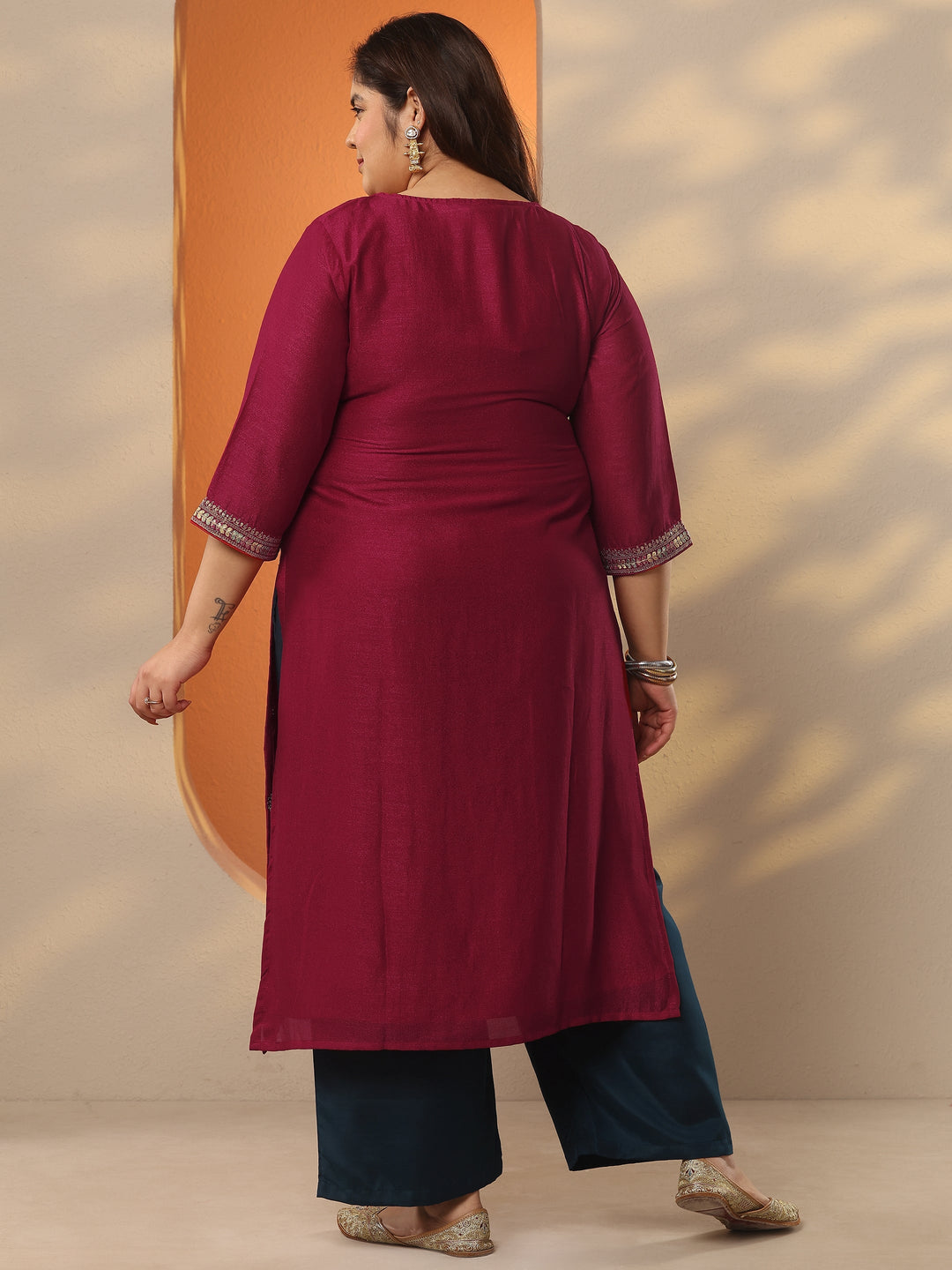 Plus Size Pink Embroidered Silk Blend Straight Kurta