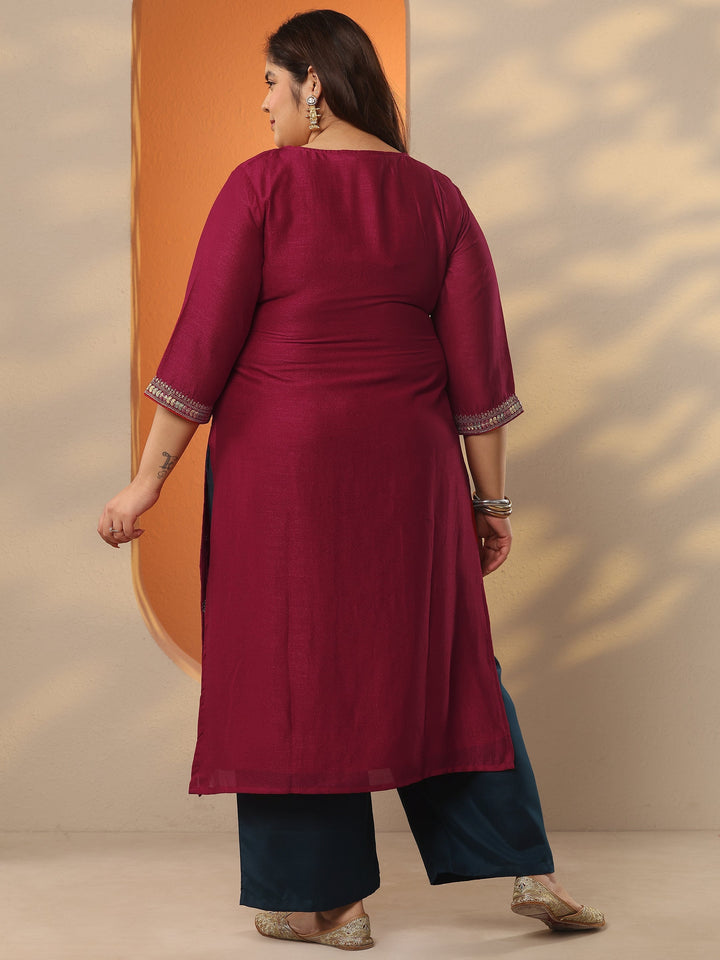Plus Size Pink Embroidered Silk Blend Straight Kurta