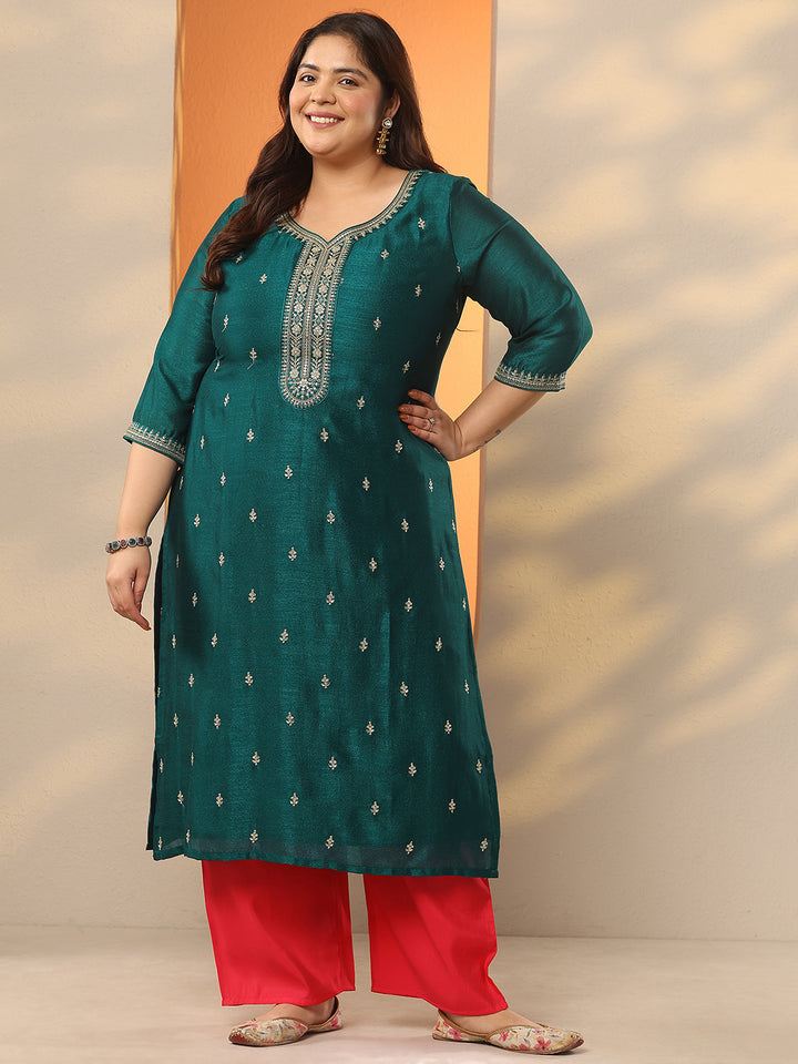 Plus Size Green Embroidered Silk Blend Straight Kurta