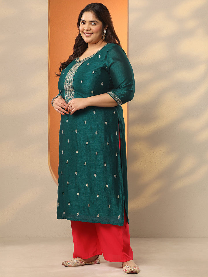 Plus Size Green Embroidered Silk Blend Straight Kurta