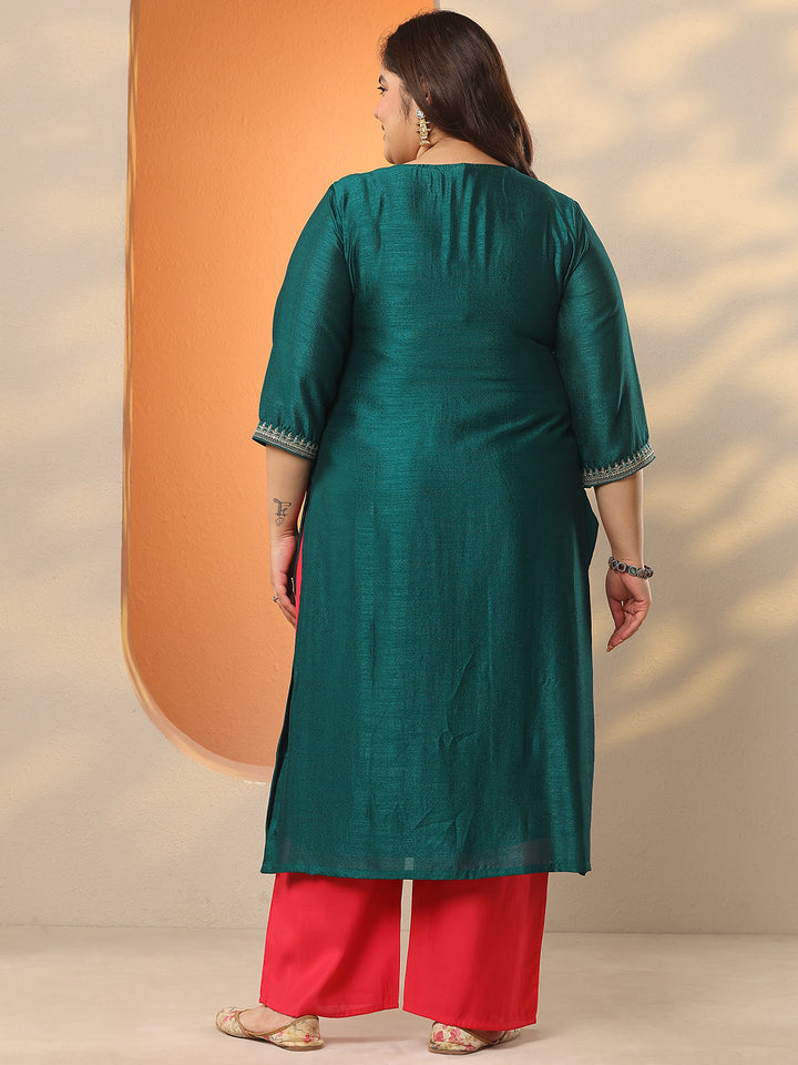 Plus Size Green Embroidered Silk Blend Straight Kurta
