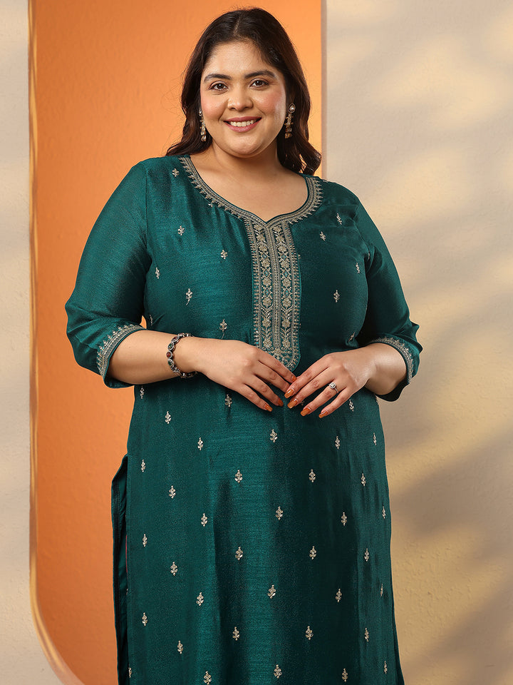 Plus Size Green Embroidered Silk Blend Straight Kurta