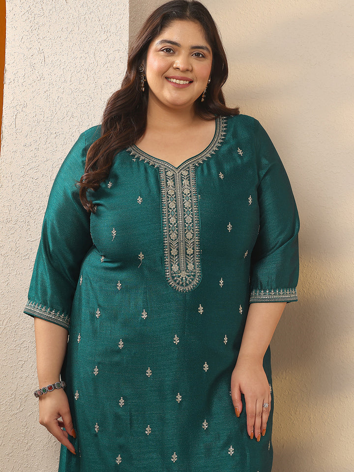 Plus Size Green Embroidered Silk Blend Straight Kurta