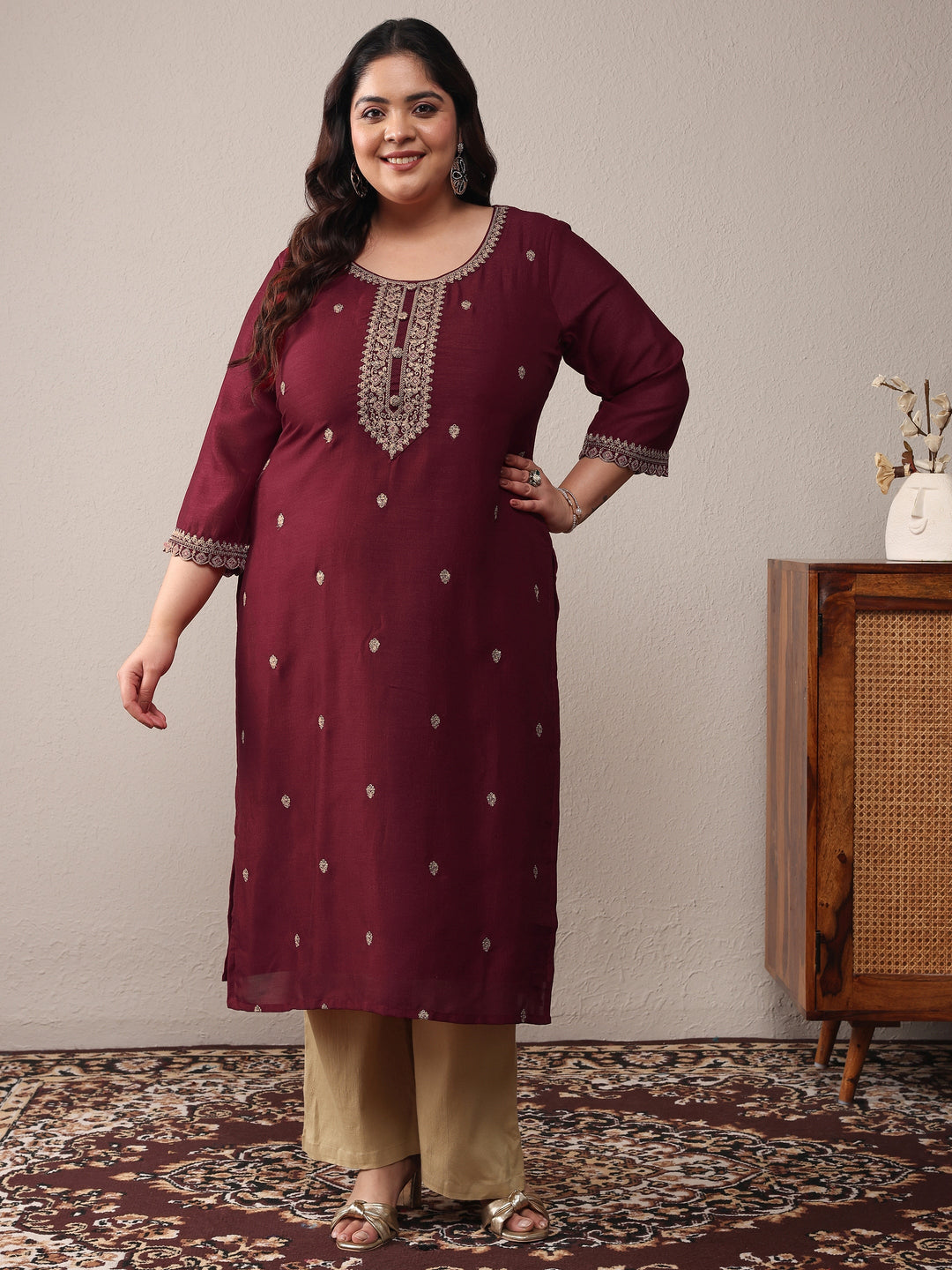 Plus Size Maroon Floral Embroidered Silk Blend Straight Kurta