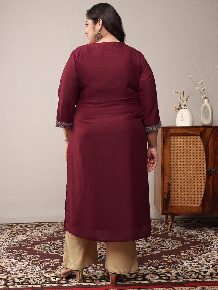 Plus Size Maroon Floral Embroidered Silk Blend Straight Kurta