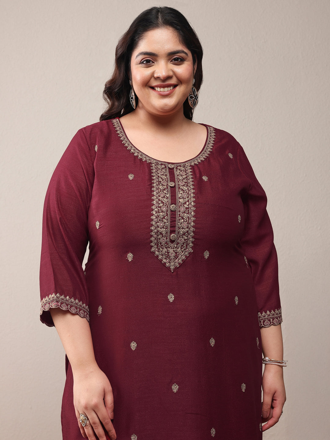 Plus Size Maroon Floral Embroidered Silk Blend Straight Kurta