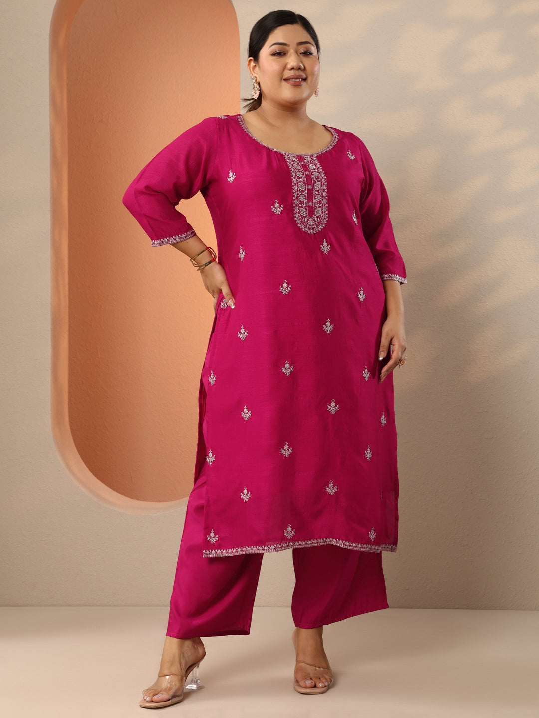 Plus Size Pink Embroidered Silk Blend Straight Kurta