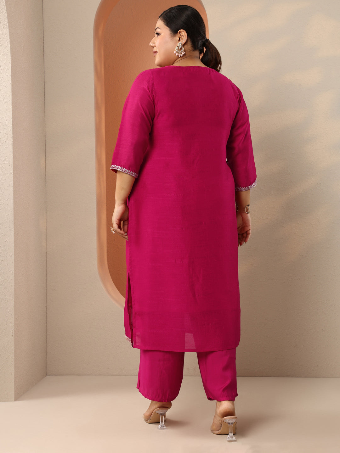 Plus Size Pink Embroidered Silk Blend Straight Kurta