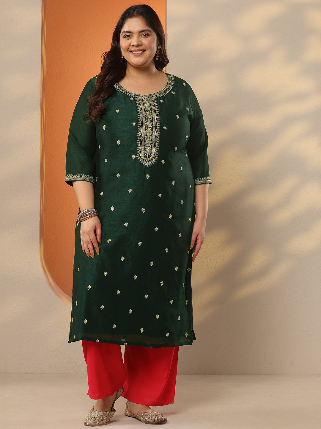 Plus Size Green Embroidered Silk Blend Straight Kurta