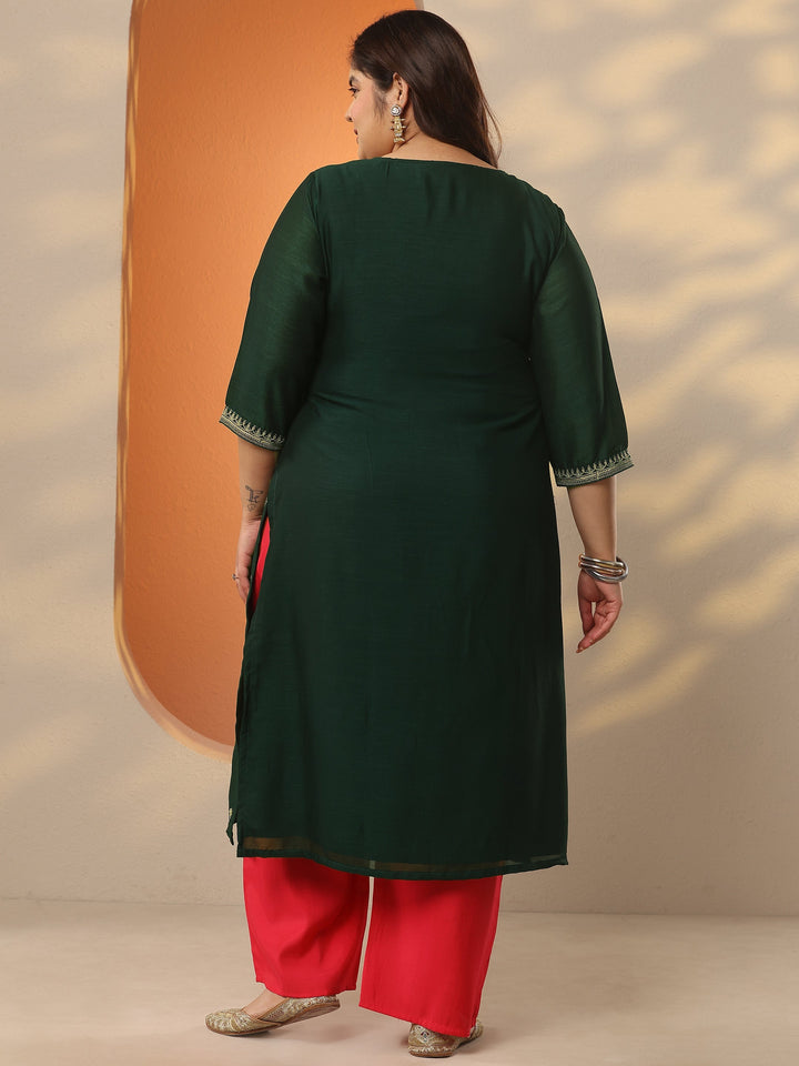 Plus Size Green Embroidered Silk Blend Straight Kurta
