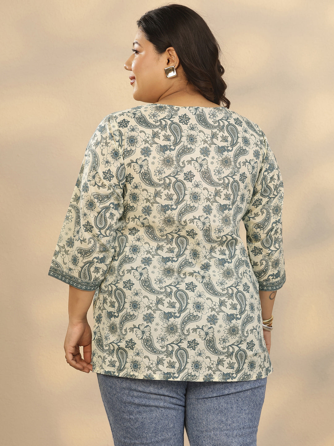 Plus Size Off White Printed Cotton Straight Short Kurti