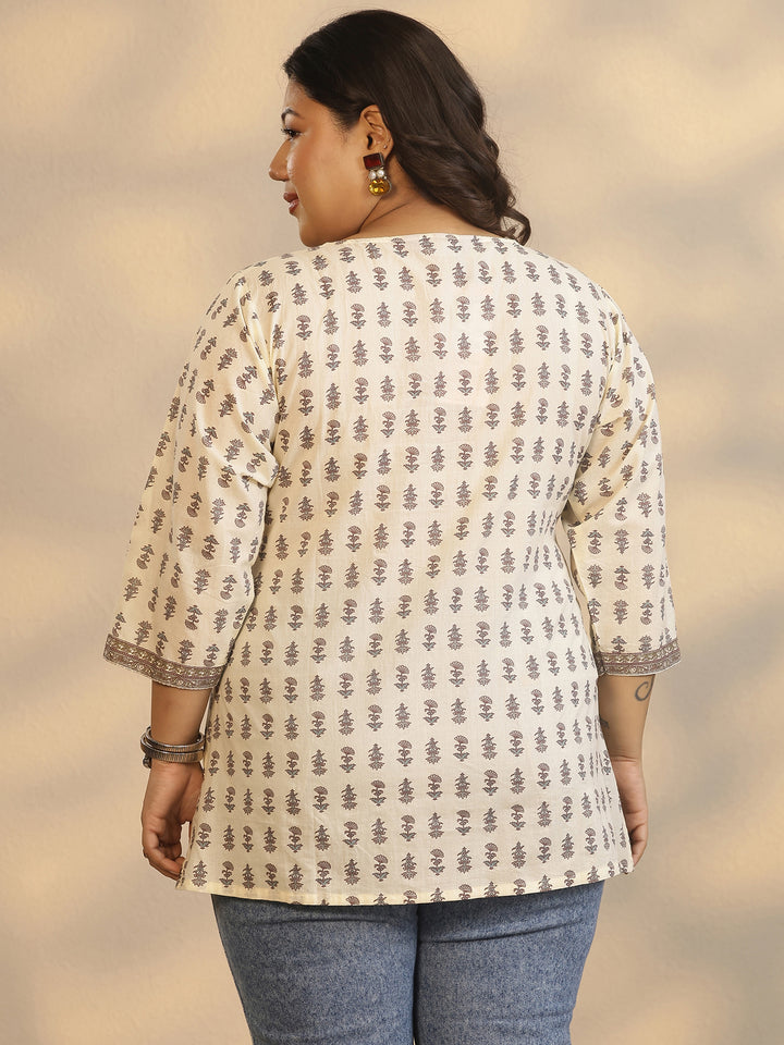Plus Size Off White Printed Cotton Straight Short Kurti