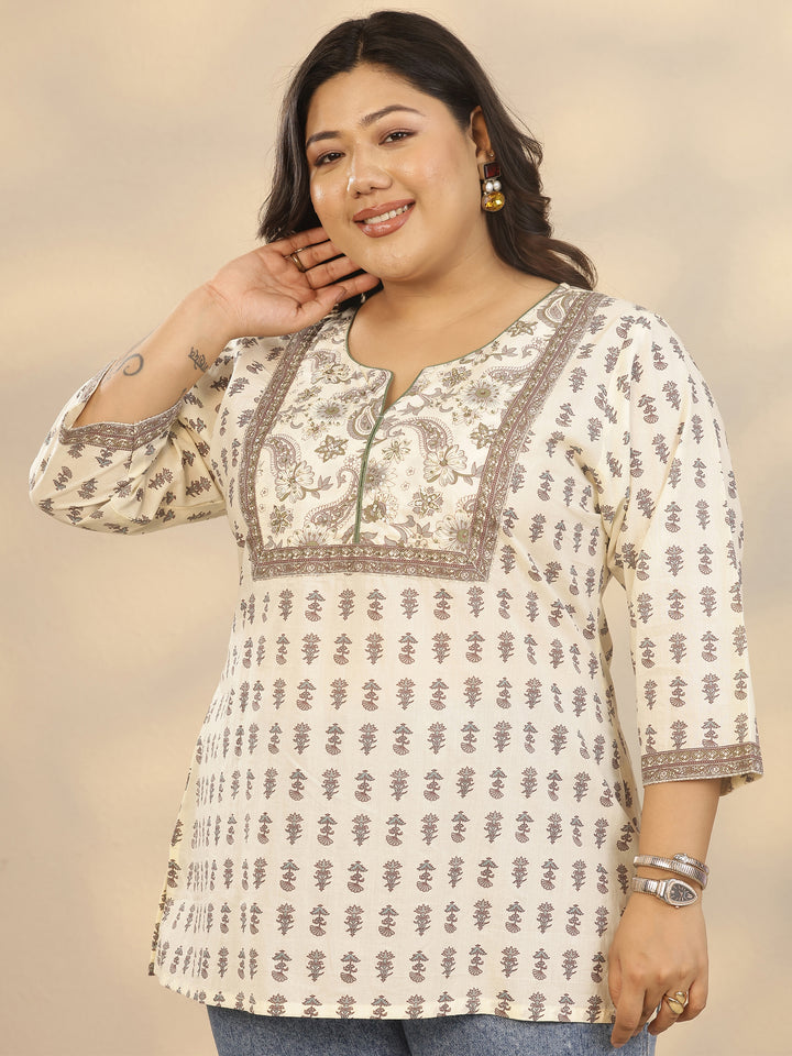 Plus Size Off White Printed Cotton Straight Short Kurti
