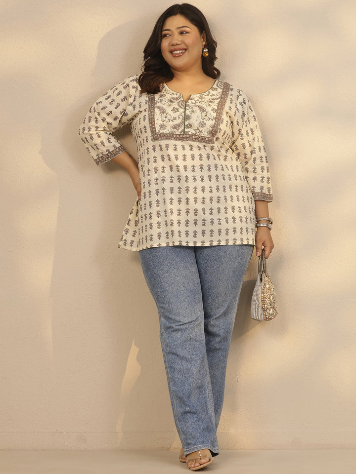 Plus Size Off White Printed Cotton Straight Short Kurti