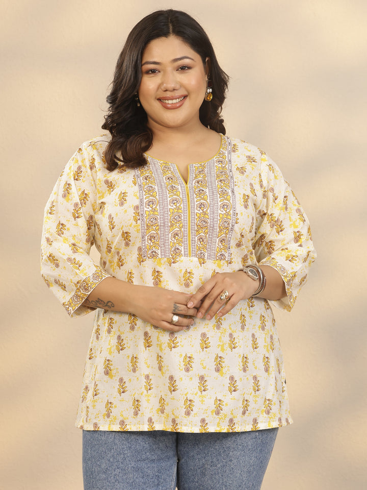 Plus Size Off white Printed Cotton Straight Short Kurti