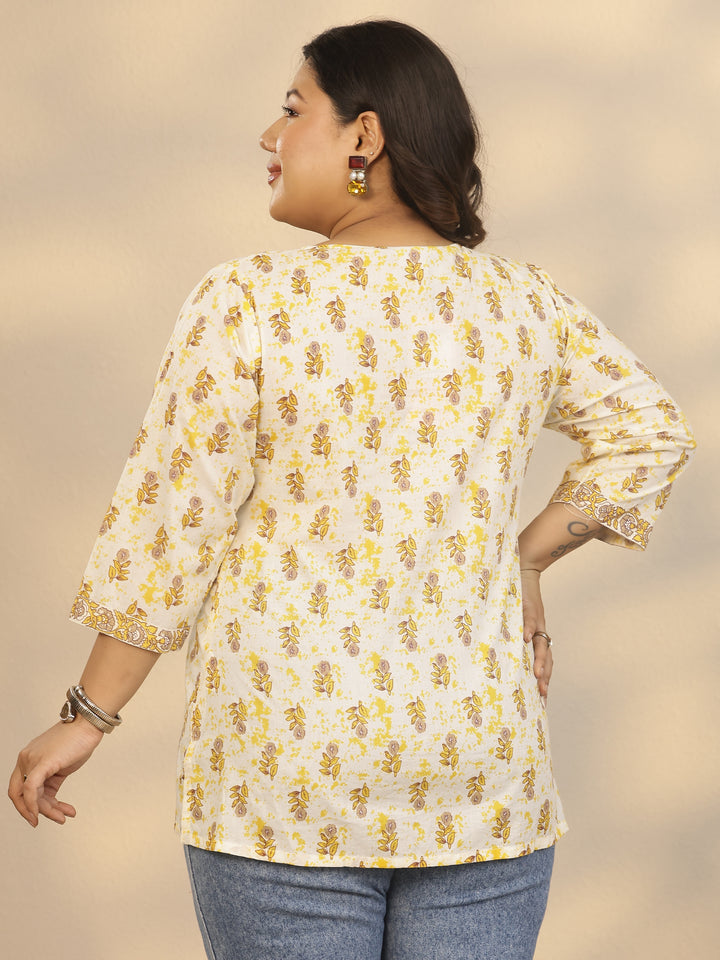 Plus Size Off white Printed Cotton Straight Short Kurti