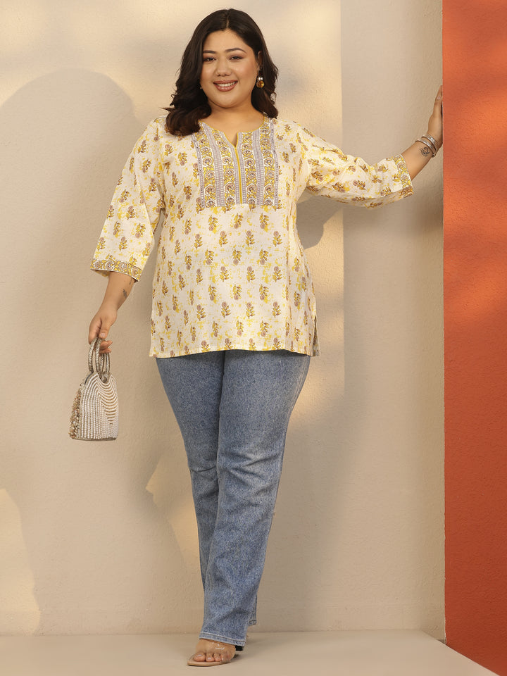Plus Size Off white Printed Cotton Straight Short Kurti