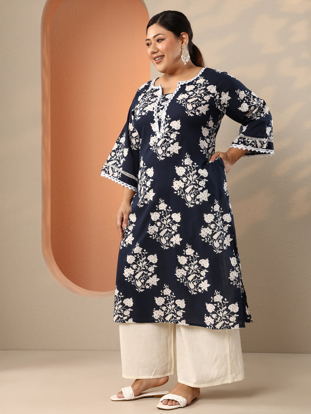 Plus Size Blue Printed Cotton Straight Kurta