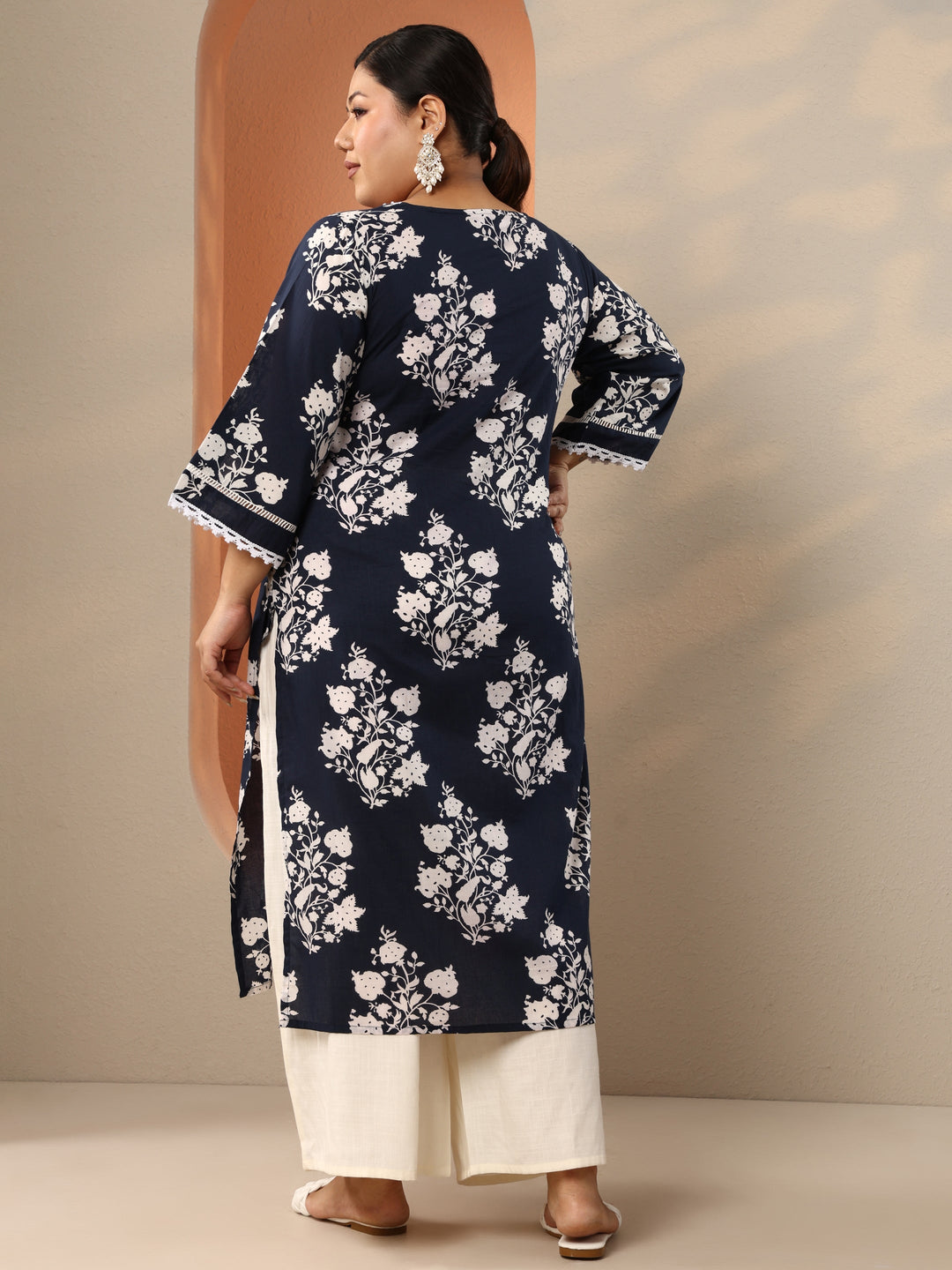 Plus Size Blue Printed Cotton Straight Kurta