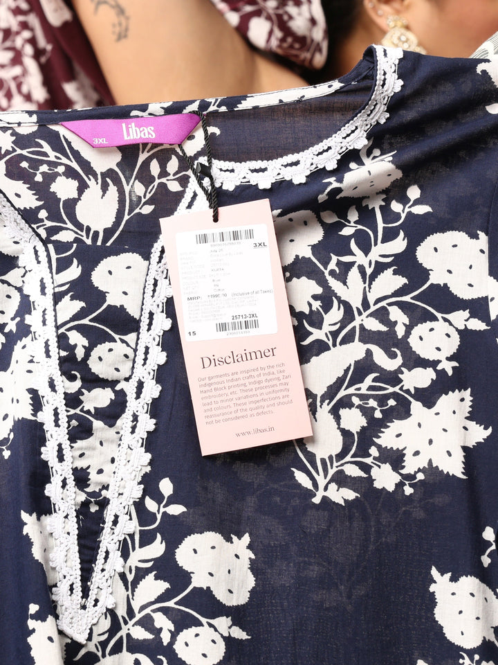 Plus Size Blue Printed Cotton Straight Kurta