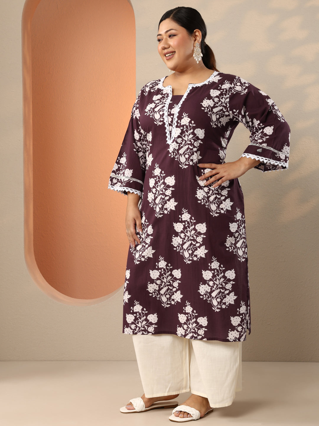 Plus Size Burgundy Printed Cotton Straight Kurta