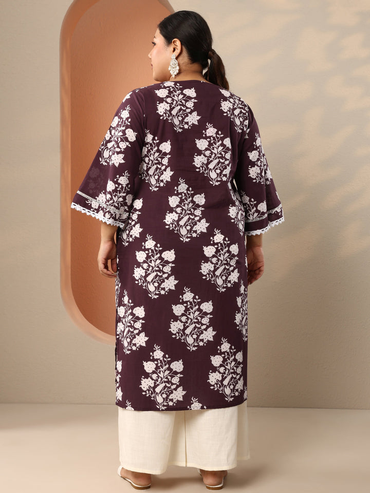 Plus Size Burgundy Printed Cotton Straight Kurta