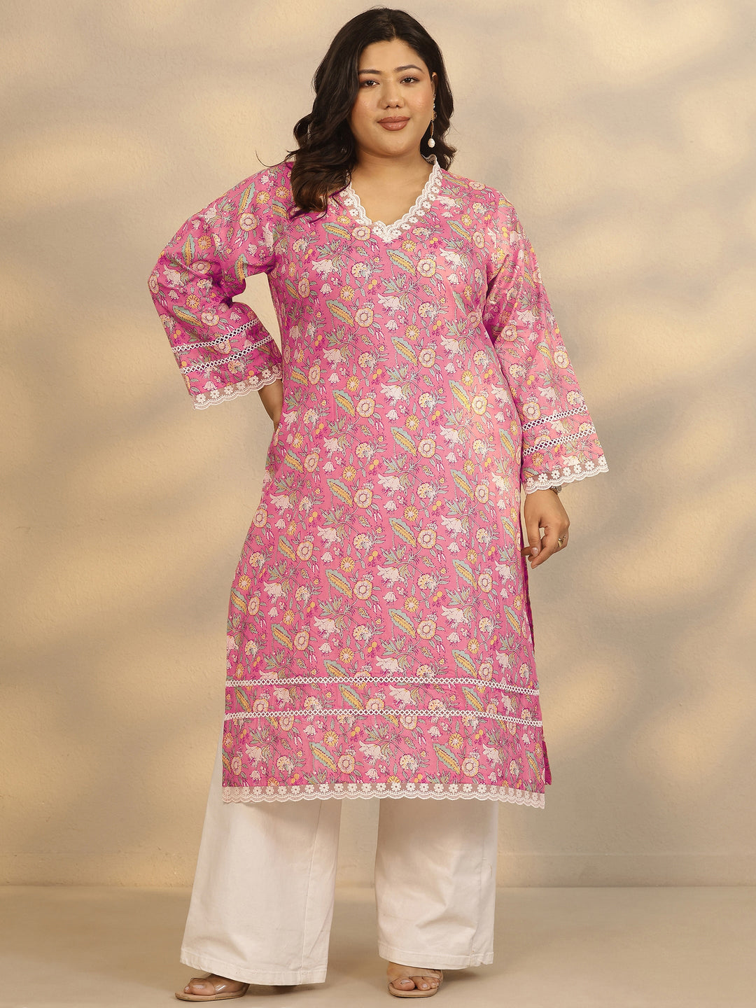 Plus Size Pink Printed Cotton Straight Kurta