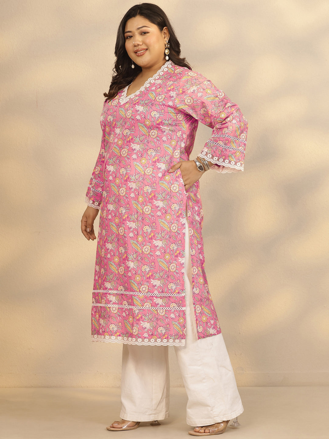 Plus Size Pink Printed Cotton Straight Kurta